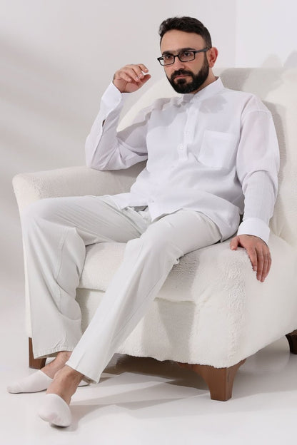 Men's Light Grey Relaxed Fit Linen Hajj and Umrah Harem Pants with Elastic Waistband - ihvan