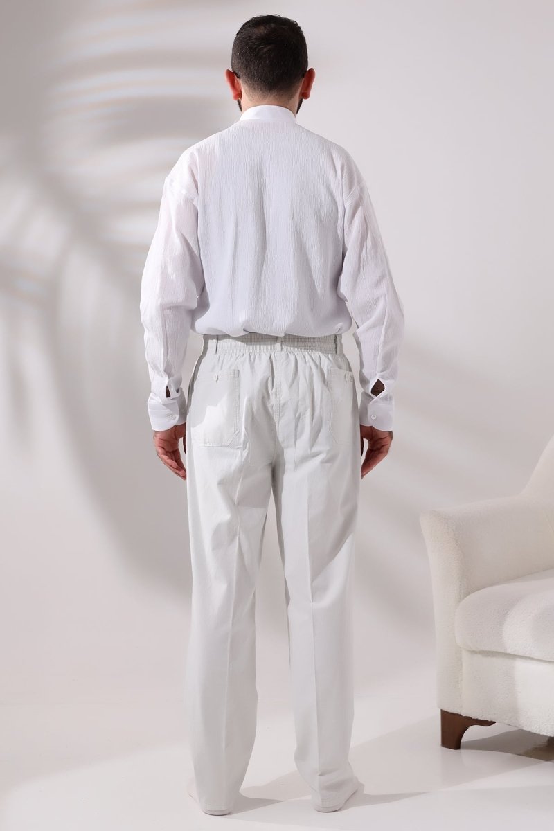 Men's Light Grey Relaxed Fit Linen Hajj and Umrah Harem Pants with Elastic Waistband - ihvan