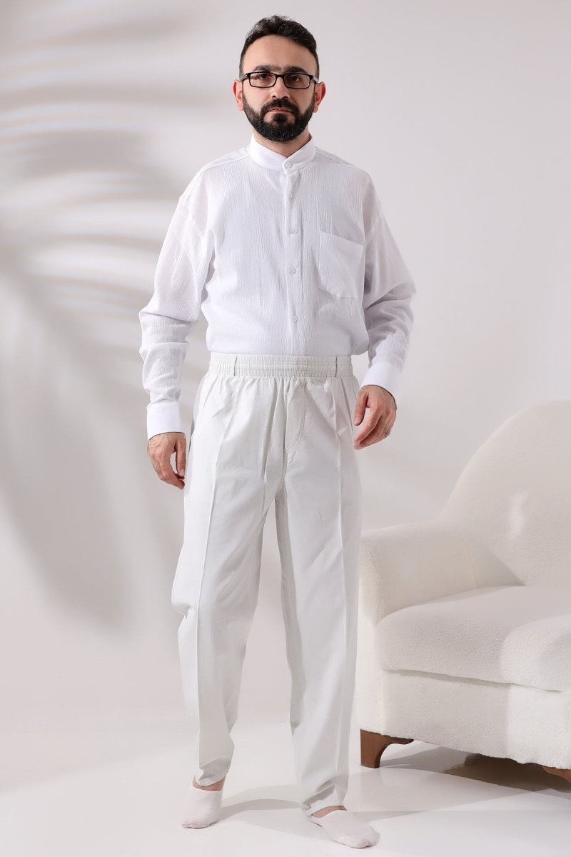 Men's Light Grey Relaxed Fit Linen Hajj and Umrah Harem Pants with Elastic Waistband - ihvan