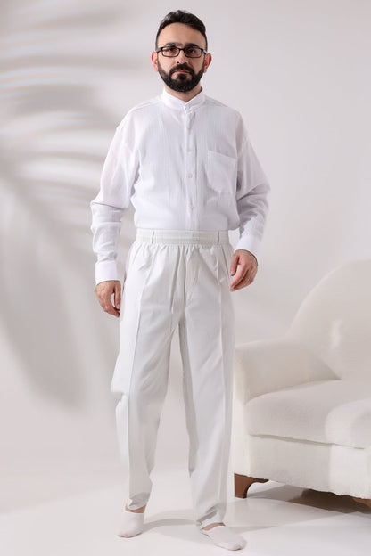 Men's Light Grey Relaxed Fit Linen Hajj and Umrah Harem Pants with Elastic Waistband - ihvan