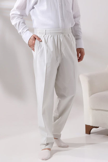 Men's Light Grey Relaxed Fit Linen Hajj and Umrah Harem Pants with Elastic Waistband - ihvan