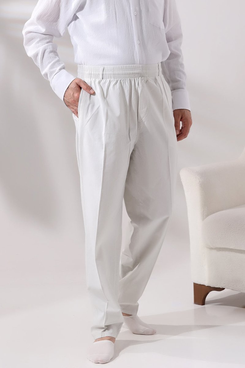 Men's Light Grey Relaxed Fit Linen Hajj and Umrah Harem Pants with Elastic Waistband - ihvan