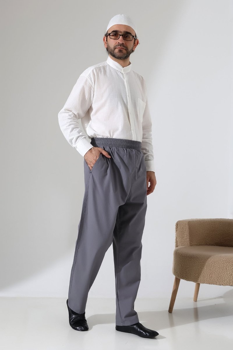 Men's Linen Harem Pants with Elastic Waistband and Pockets for Hajj and Umrah - Anthracite (VŞN) - ihvan