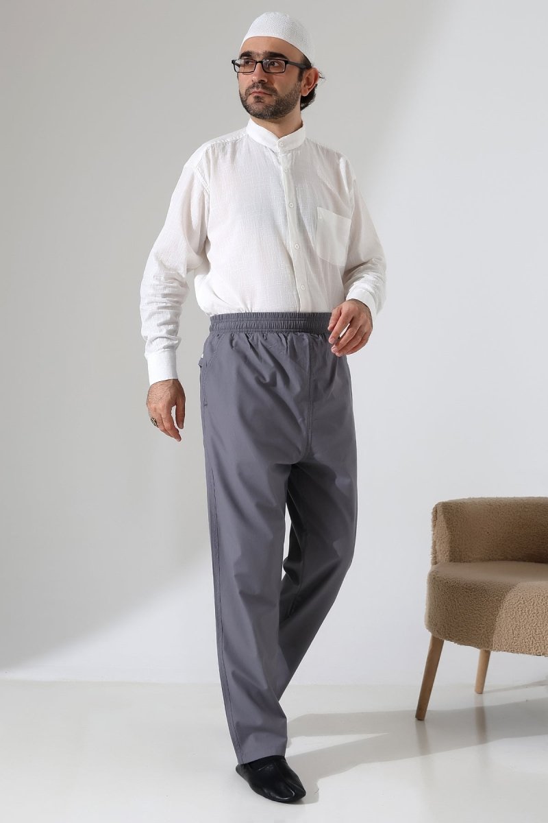 Men's Linen Harem Pants with Elastic Waistband and Pockets for Hajj and Umrah - Anthracite (VŞN) - ihvan