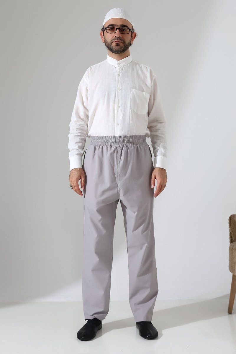 Men's Linen Harem Pants with Elastic Waistband and Pockets for Hajj and Umrah - Grey (VŞN) - ihvan