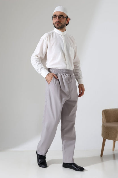 Men's Linen Harem Pants with Elastic Waistband and Pockets for Hajj and Umrah - Grey (VŞN) - ihvan