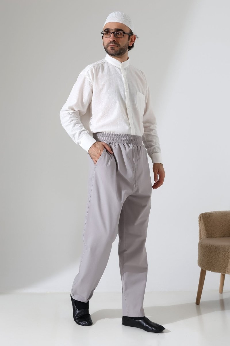 Men's Linen Harem Pants with Elastic Waistband and Pockets for Hajj and Umrah - Grey (VŞN) - ihvan
