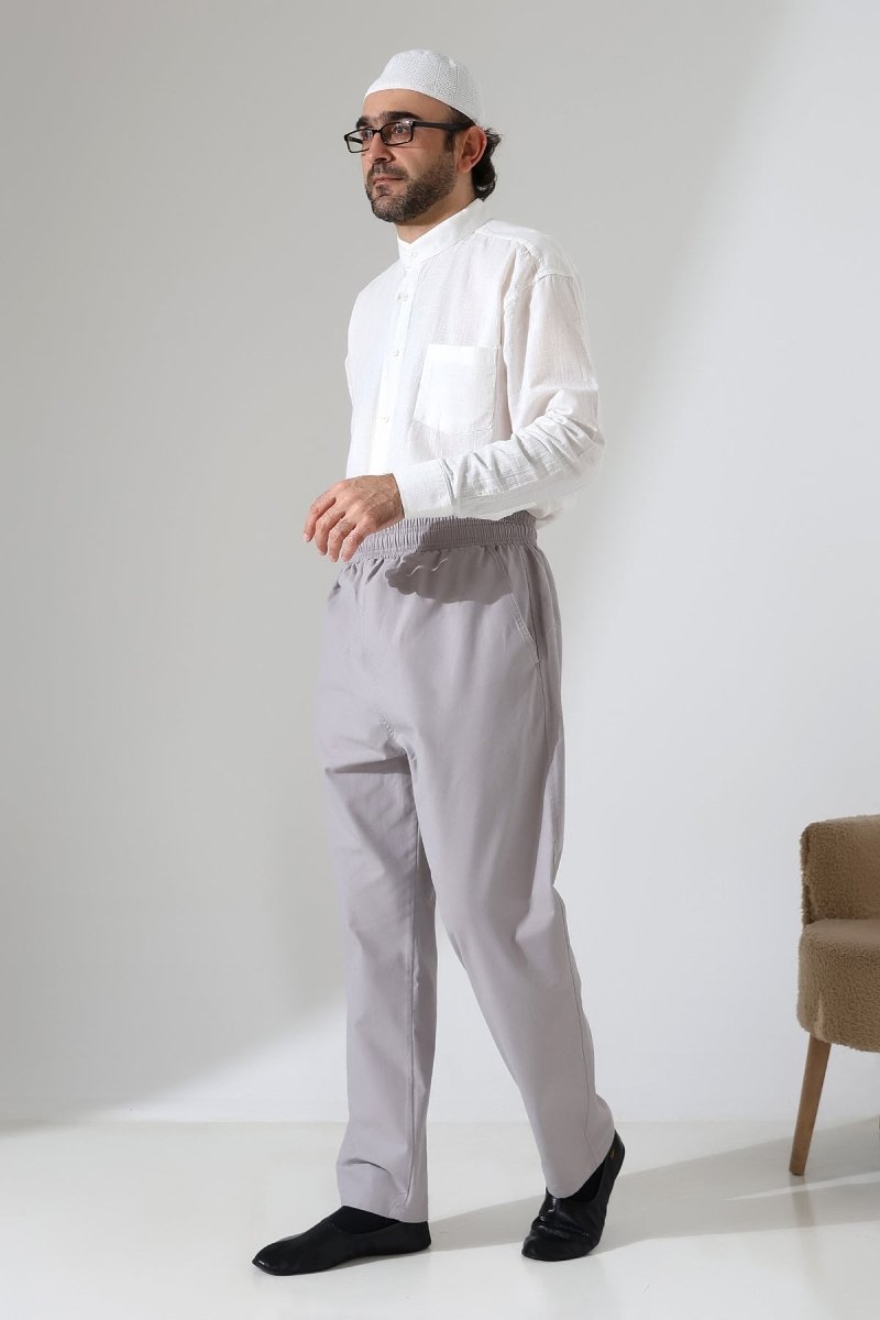 Men's Linen Harem Pants with Elastic Waistband and Pockets for Hajj and Umrah - Grey (VŞN) - ihvan