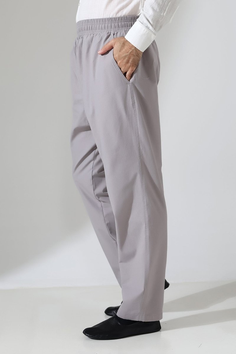 Men's Linen Harem Pants with Elastic Waistband and Pockets for Hajj and Umrah - Grey (VŞN) - ihvan