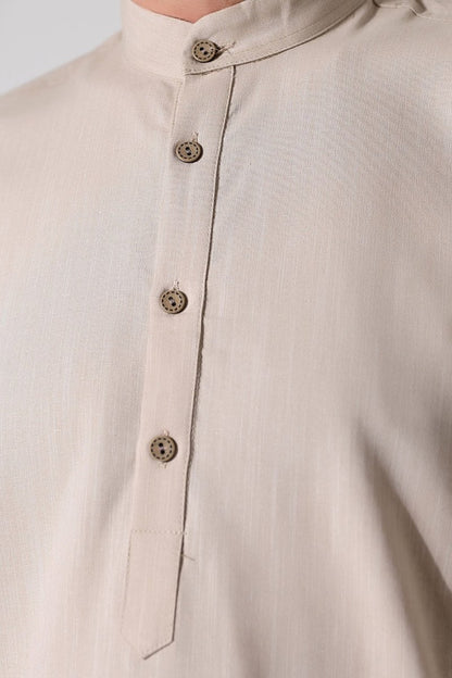 Men's Mandarin Collar Long-Sleeved Button-Down Linen Shirt, Beige (Vinyl) - ihvan