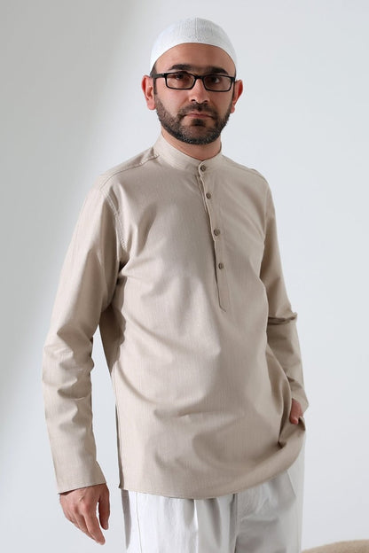 Men's Mandarin Collar Long-Sleeved Button-Down Linen Shirt, Beige (Vinyl) - ihvan