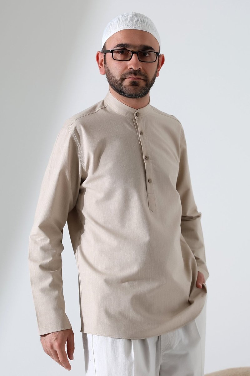 Men's Mandarin Collar Long-Sleeved Button-Down Linen Shirt, Beige (Vinyl) - ihvan