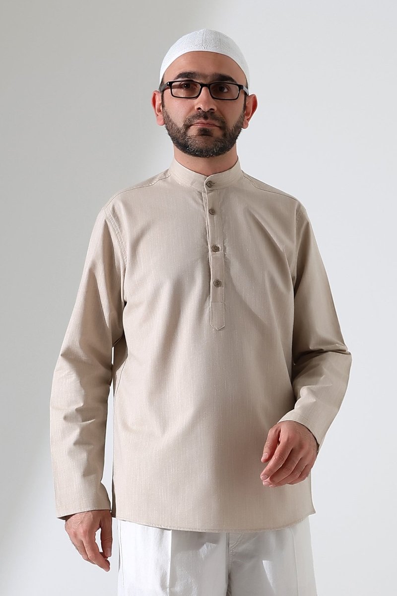 Men's Mandarin Collar Long-Sleeved Button-Down Linen Shirt, Beige (Vinyl) - ihvan