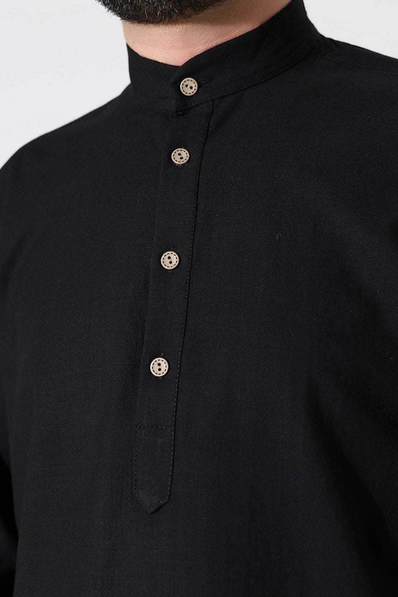 Men's Mandarin Collar Long-Sleeved Button-Down Linen Shirt Black (Vşn) - ihvan