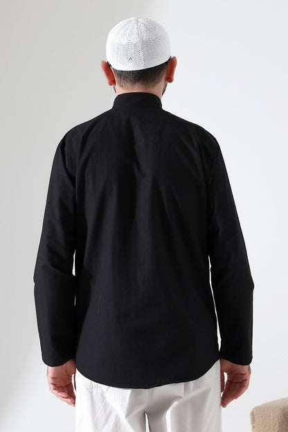 Men's Mandarin Collar Long-Sleeved Button-Down Linen Shirt Black (Vşn) - ihvan