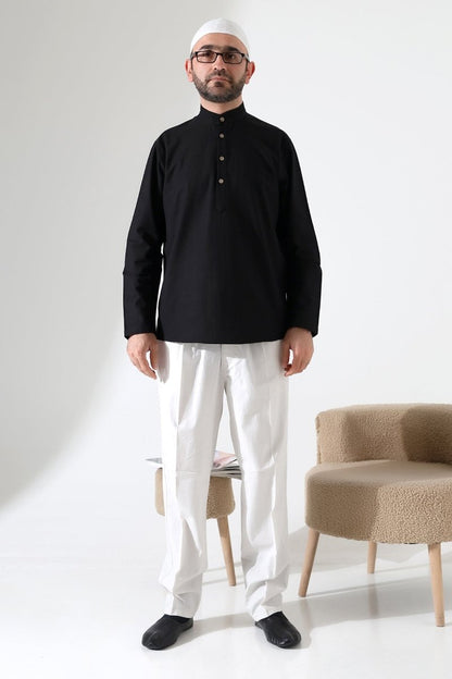 Men's Mandarin Collar Long-Sleeved Button-Down Linen Shirt Black (Vşn) - ihvan