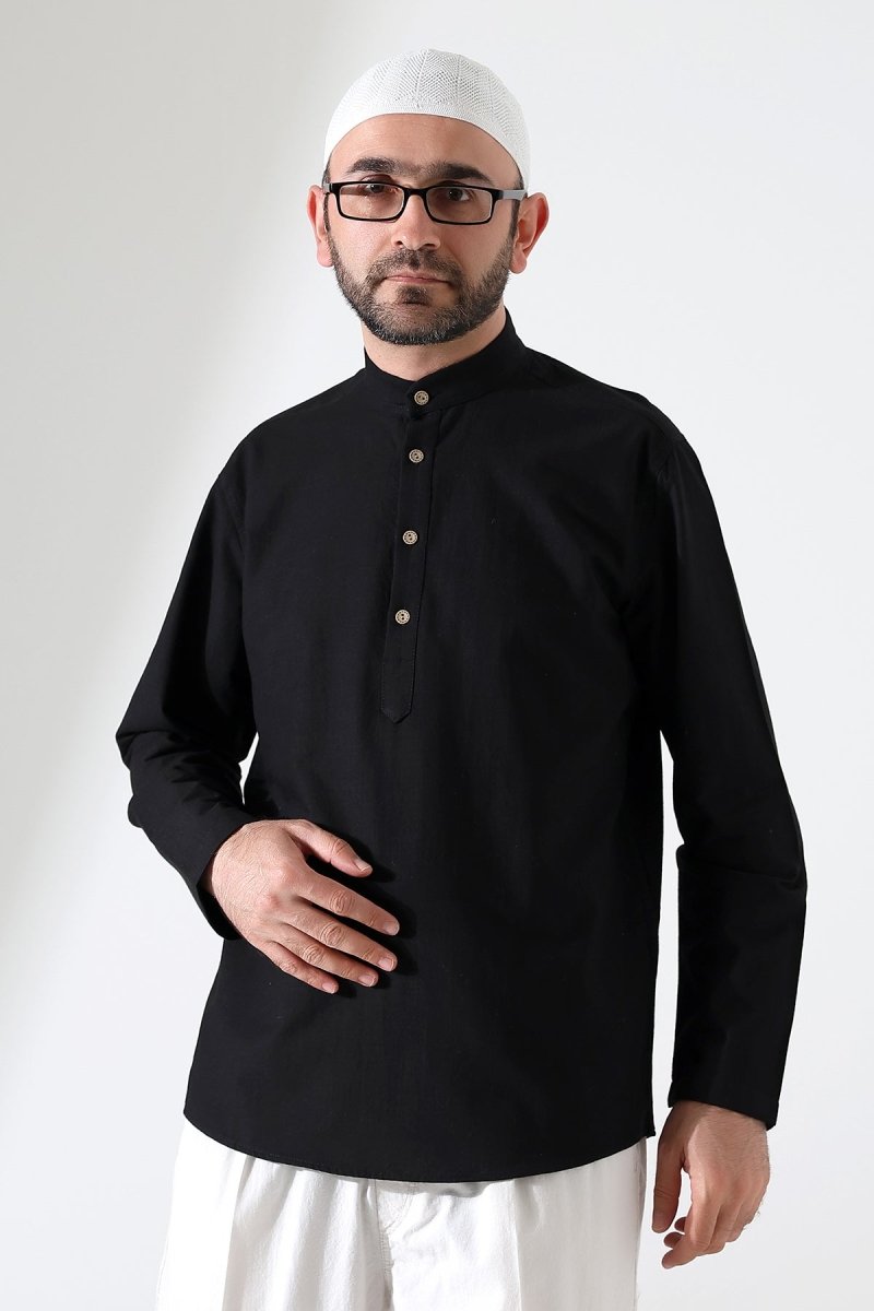 Men's Mandarin Collar Long-Sleeved Button-Down Linen Shirt Black (Vşn) - ihvan