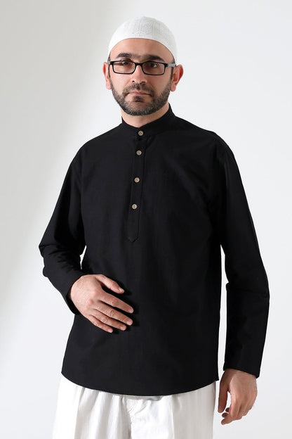 Men's Mandarin Collar Long-Sleeved Button-Down Linen Shirt Black (Vşn) - ihvan