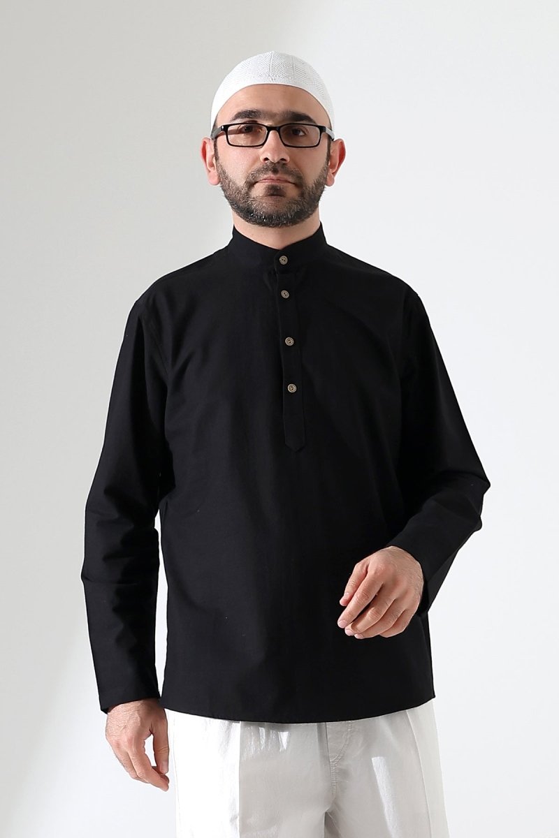 Men's Mandarin Collar Long-Sleeved Button-Down Linen Shirt Black (Vşn) - ihvan