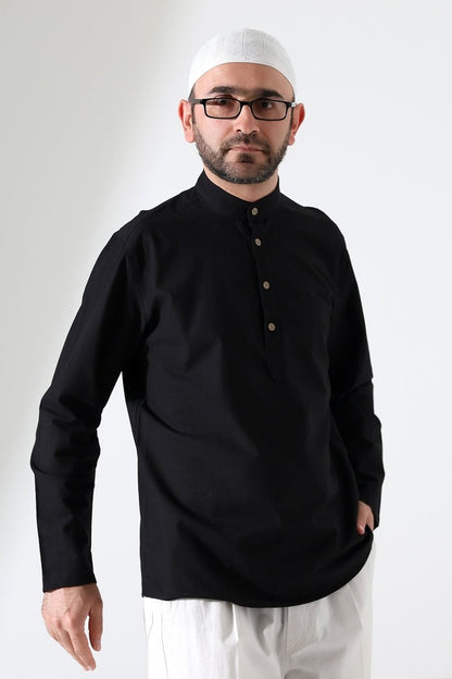 Men's Mandarin Collar Long-Sleeved Button-Down Linen Shirt Black (Vşn) - ihvan