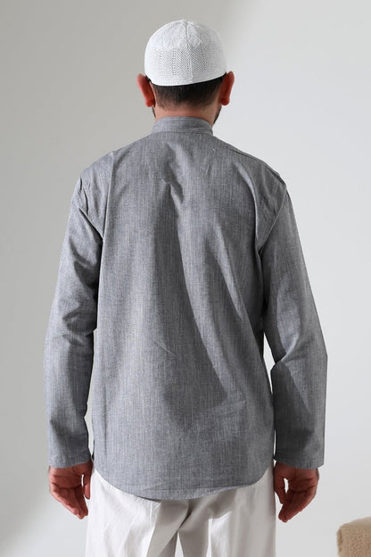 Men's Mandarin Collar Long-Sleeved Button-Down Linen Shirt Grey (Vinyl) - ihvan