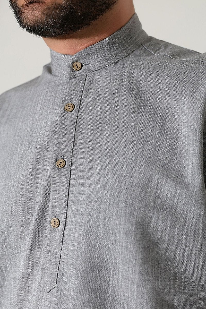 Men's Mandarin Collar Long-Sleeved Button-Down Linen Shirt Grey (Vinyl) - ihvan