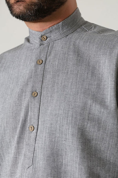 Men's Mandarin Collar Long-Sleeved Button-Down Linen Shirt Grey (Vinyl) - ihvan