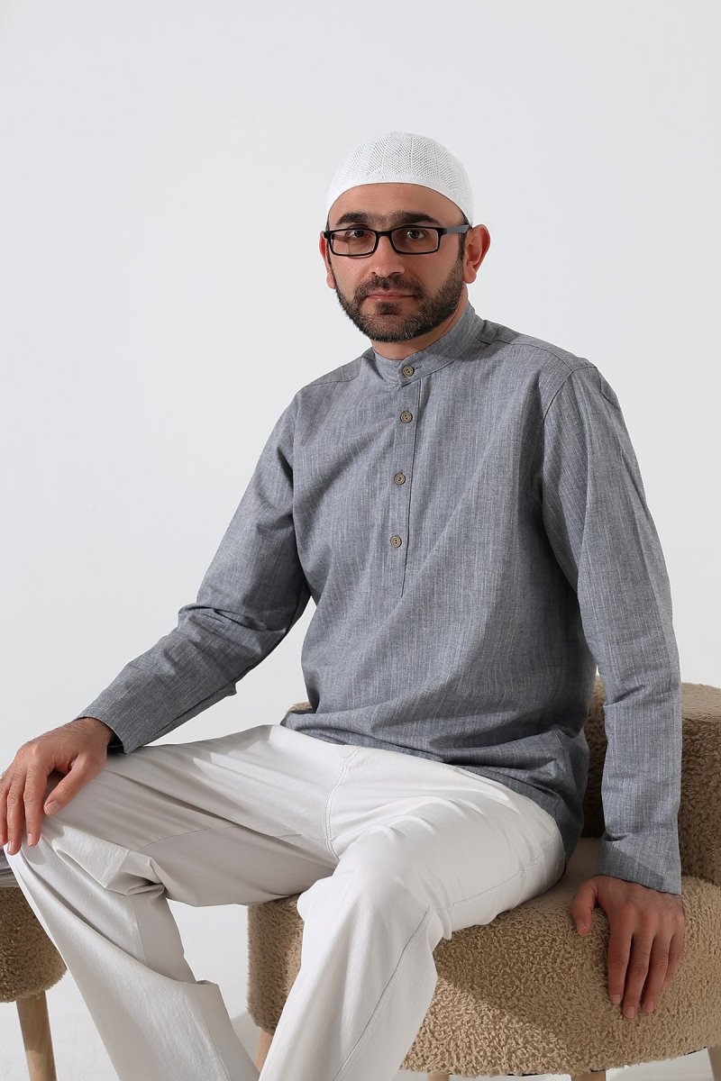 Men's Mandarin Collar Long-Sleeved Button-Down Linen Shirt Grey (Vinyl) - ihvan