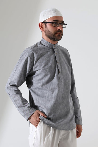 Men's Mandarin Collar Long-Sleeved Button-Down Linen Shirt Grey (Vinyl) - ihvan