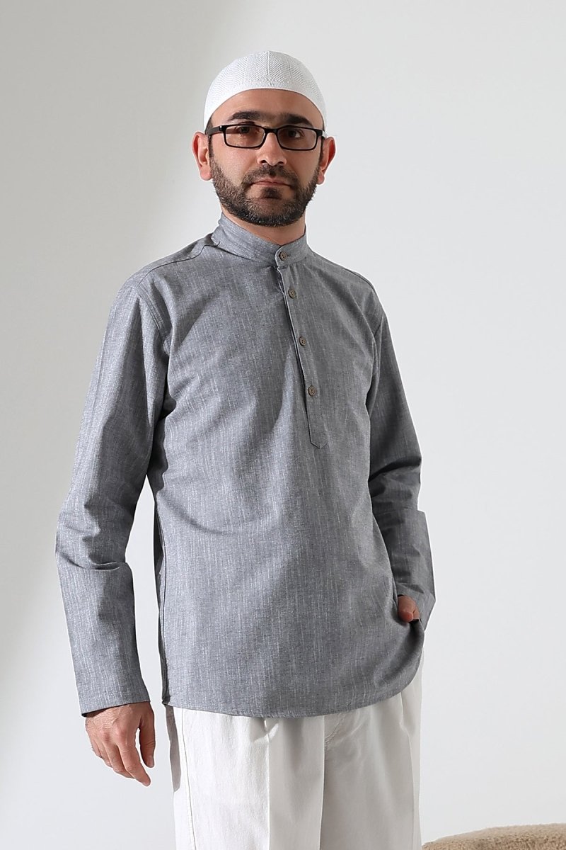 Men's Mandarin Collar Long-Sleeved Button-Down Linen Shirt Grey (Vinyl) - ihvan