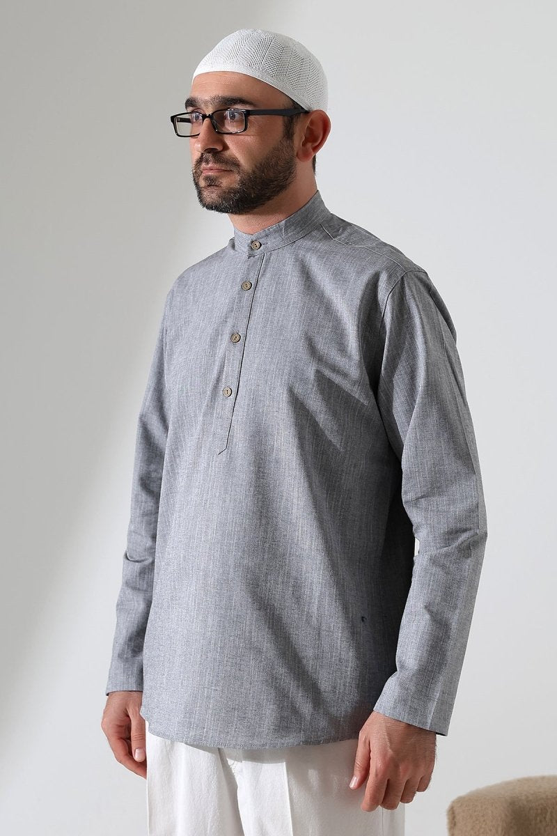 Men's Mandarin Collar Long-Sleeved Button-Down Linen Shirt Grey (Vinyl) - ihvan