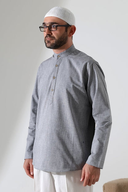 Men's Mandarin Collar Long-Sleeved Button-Down Linen Shirt Grey (Vinyl) - ihvan