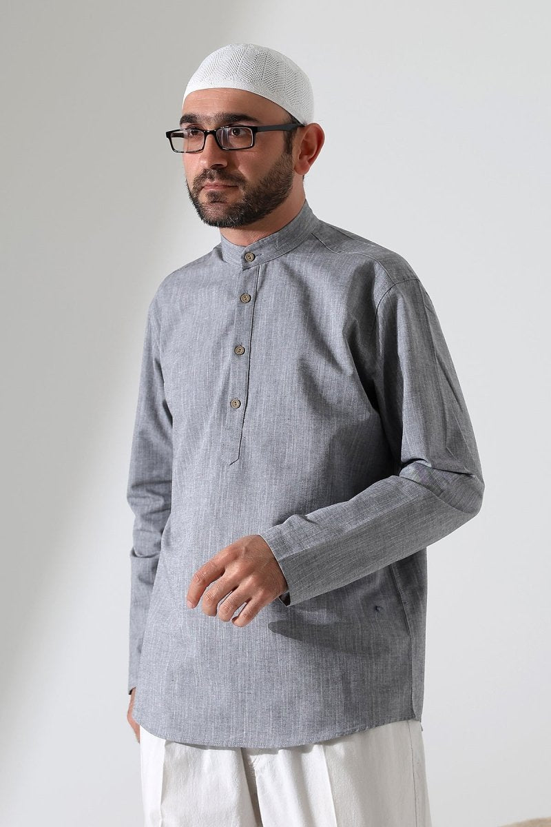 Men's Mandarin Collar Long-Sleeved Button-Down Linen Shirt Grey (Vinyl) - ihvan