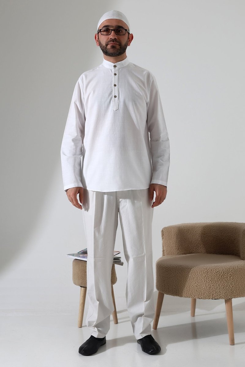 Men's Mandarin Collar Long-Sleeved Button-Down Linen Shirt White (Vşn) - ihvan