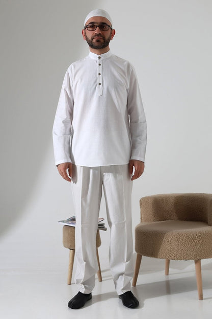 Men's Mandarin Collar Long-Sleeved Button-Down Linen Shirt White (Vşn) - ihvan