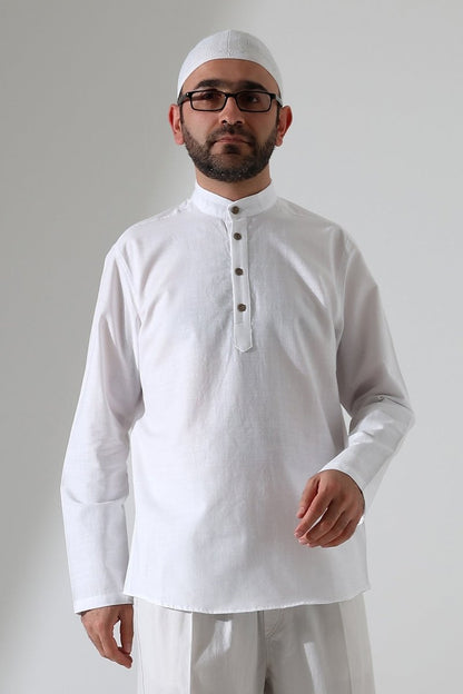 Men's Mandarin Collar Long-Sleeved Button-Down Linen Shirt White (Vşn) - ihvan