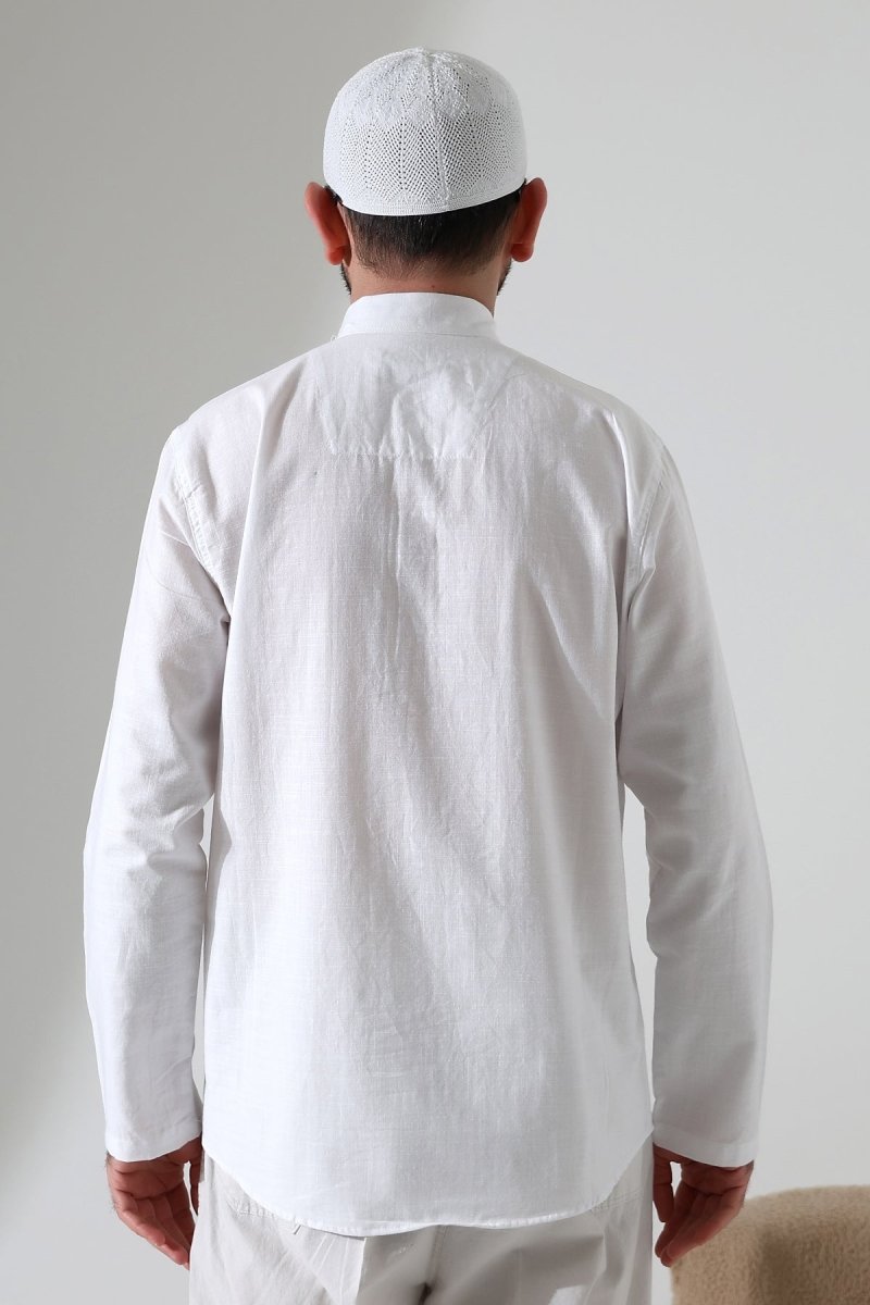 Men's Mandarin Collar Long-Sleeved Button-Down Linen Shirt White (Vşn) - ihvan