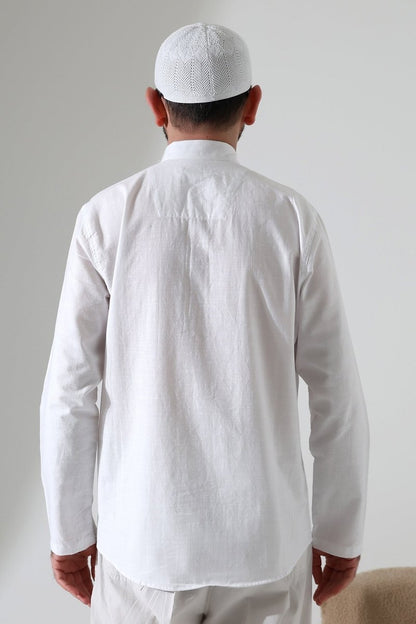 Men's Mandarin Collar Long-Sleeved Button-Down Linen Shirt White (Vşn) - ihvan