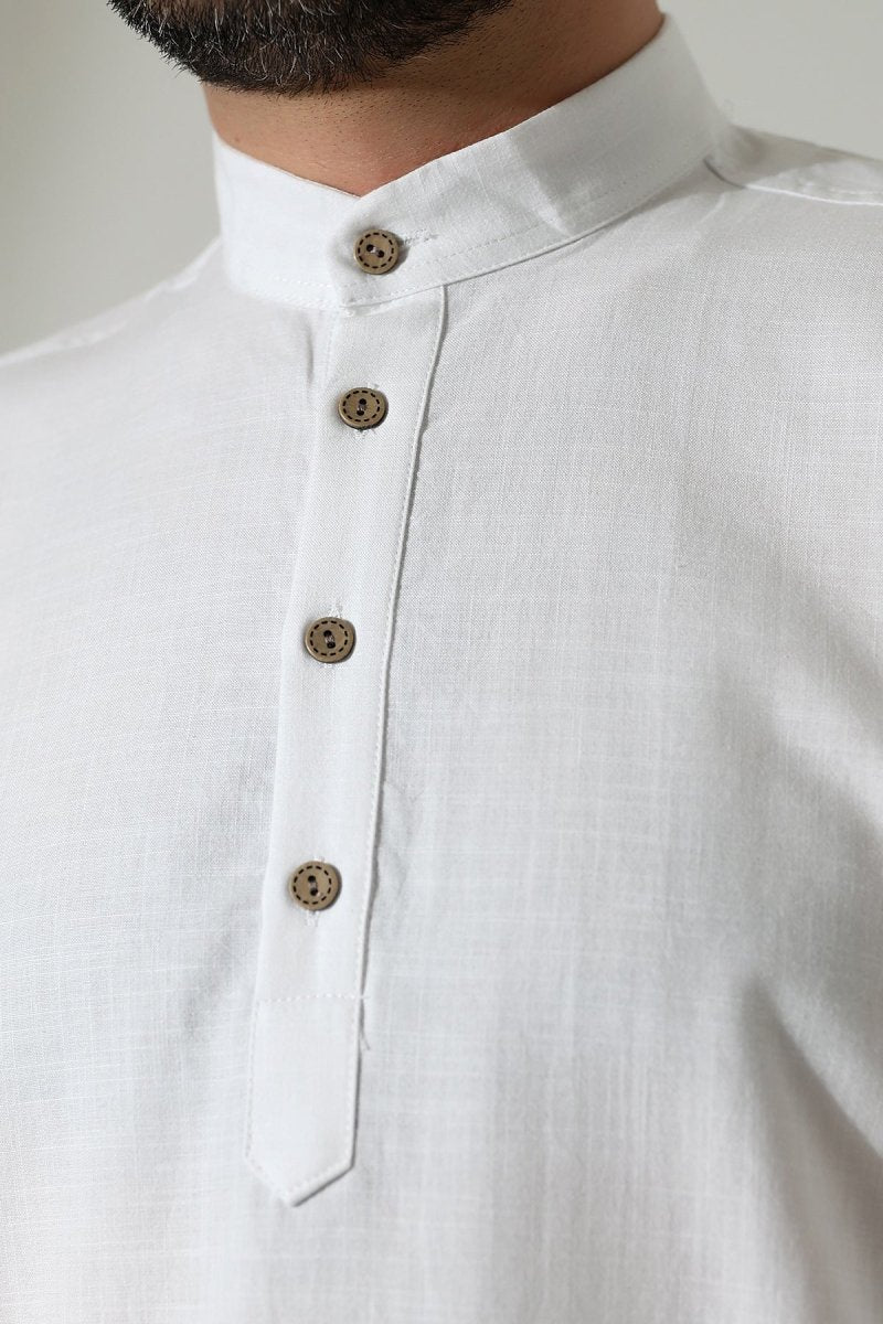 Men's Mandarin Collar Long-Sleeved Button-Down Linen Shirt White (Vşn) - ihvan