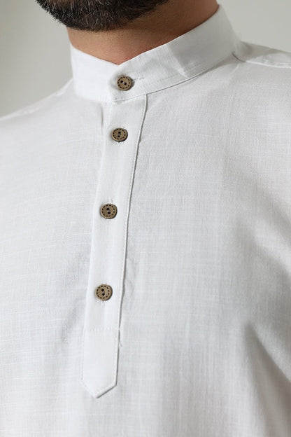 Men's Mandarin Collar Long-Sleeved Button-Down Linen Shirt White (Vşn) - ihvan