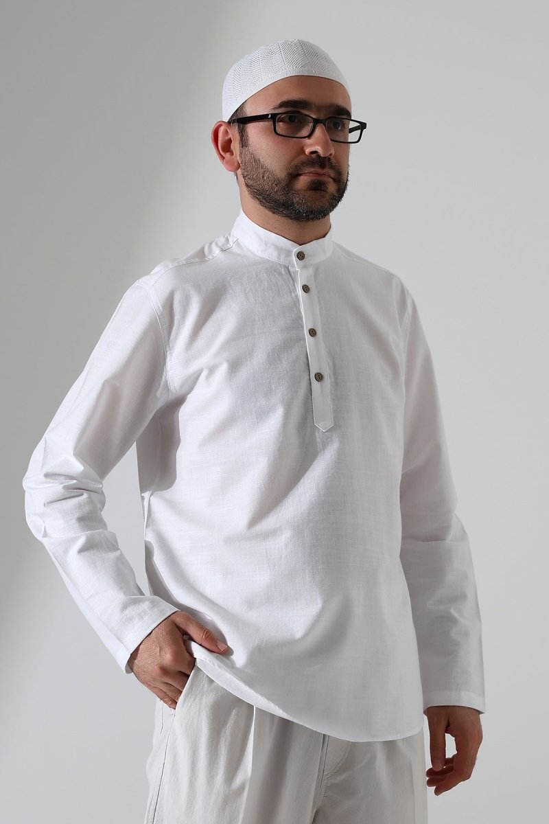 Men's Mandarin Collar Long-Sleeved Button-Down Linen Shirt White (Vşn) - ihvan