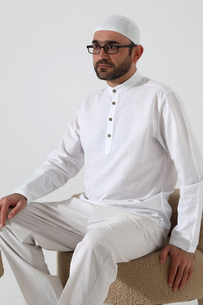 Men's Mandarin Collar Long-Sleeved Button-Down Linen Shirt White (Vşn) - ihvan