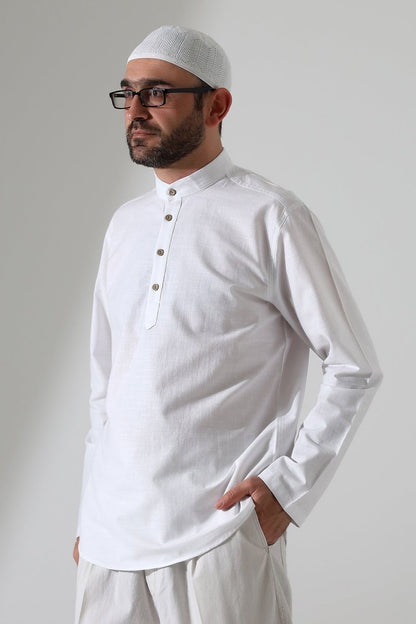 Men's Mandarin Collar Long-Sleeved Button-Down Linen Shirt White (Vşn) - ihvan
