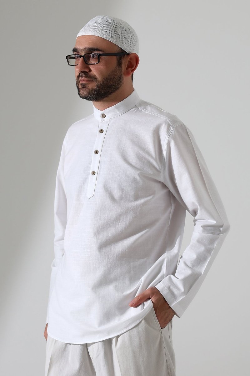 Men's Mandarin Collar Long-Sleeved Button-Down Linen Shirt White (Vşn) - ihvan
