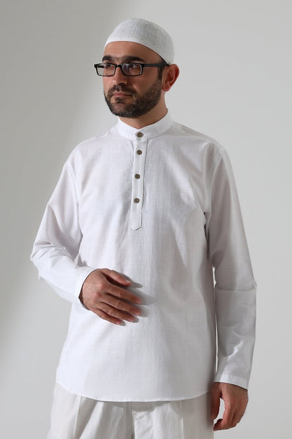 Men's Mandarin Collar Long-Sleeved Button-Down Linen Shirt White (Vşn) - ihvan