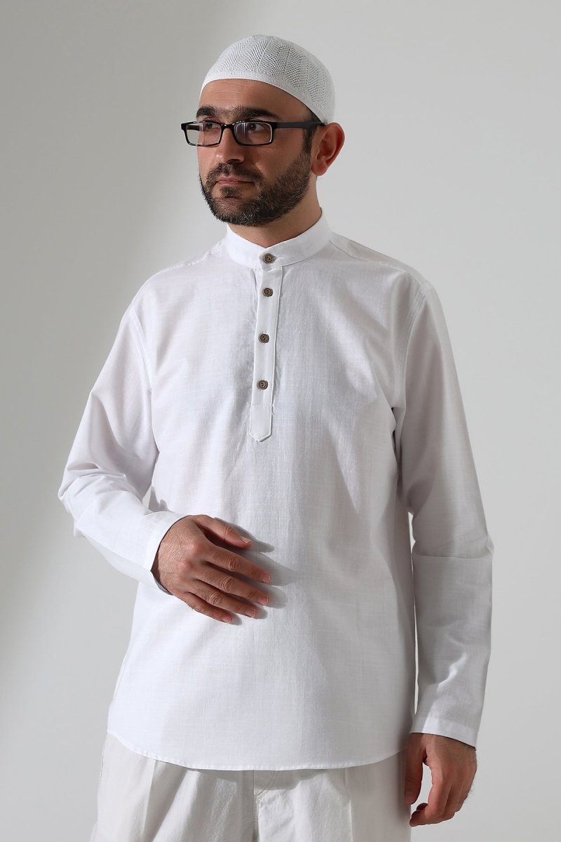 Men's Mandarin Collar Long-Sleeved Button-Down Linen Shirt White (Vşn) - ihvan