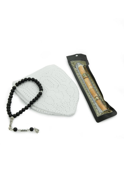 Men’s Muslim Kufi Hat Set with Tasbih Prayer Beads & Miswak, Islamic Gift for Ramadan, Eid Mubarak, Hajj & Umrah - ihvan