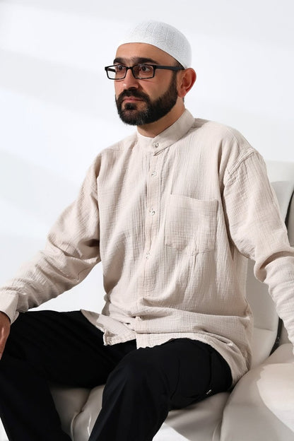 Men's Muslin Shirt, Mandarin Collar, Long Sleeves, Breathable Cotton, Beige - ihvan