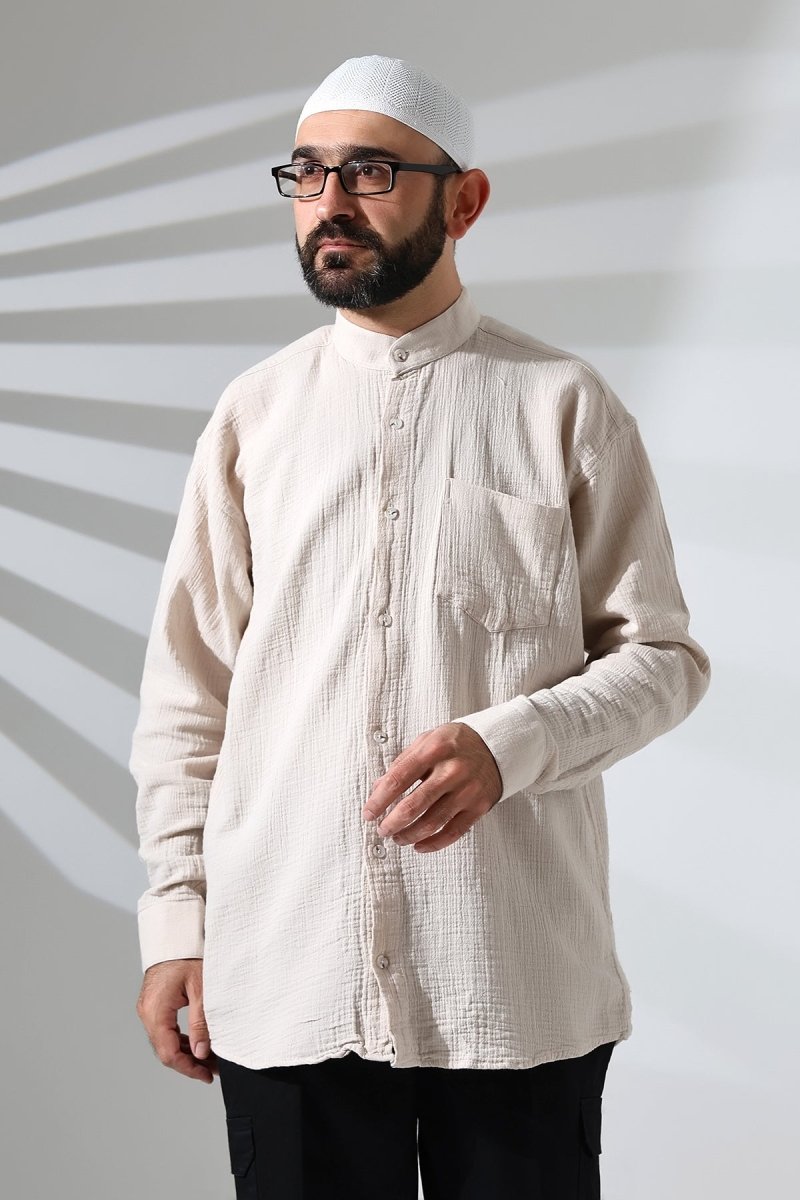 Men's Muslin Shirt, Mandarin Collar, Long Sleeves, Breathable Cotton, Beige - ihvan