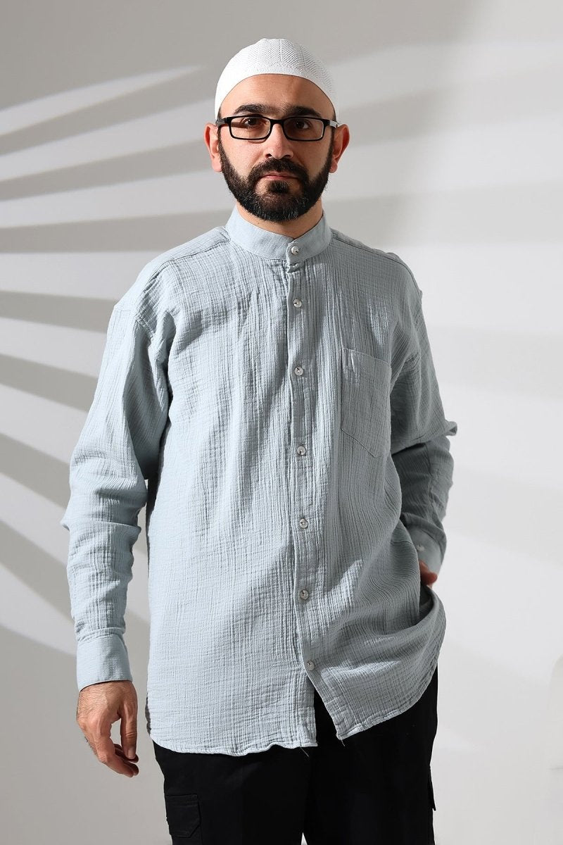 Men's Muslin Shirt, Mandarin Collar, Long Sleeves, Breathable Cotton Fabric, Blue - ihvan